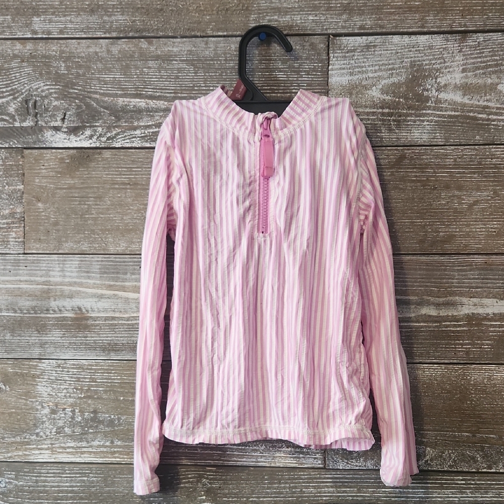 Ruffle Butts Pink and White Striped Long Sleeve Zipper Swimsuit Top &Swim Bottom